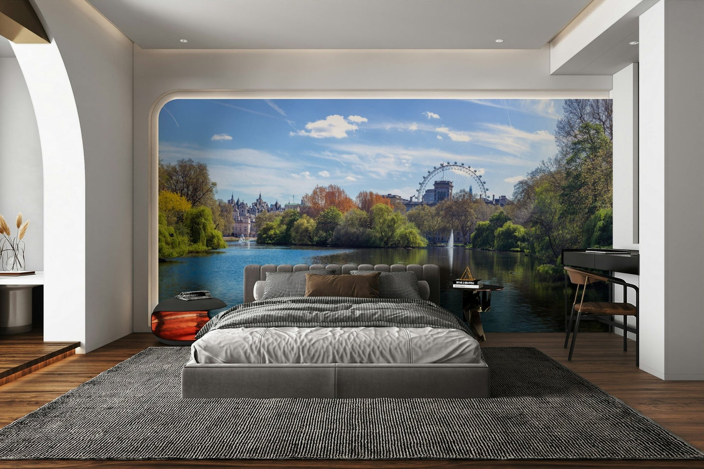 A close-up view shows the soft lines and details of the trees and the water.

