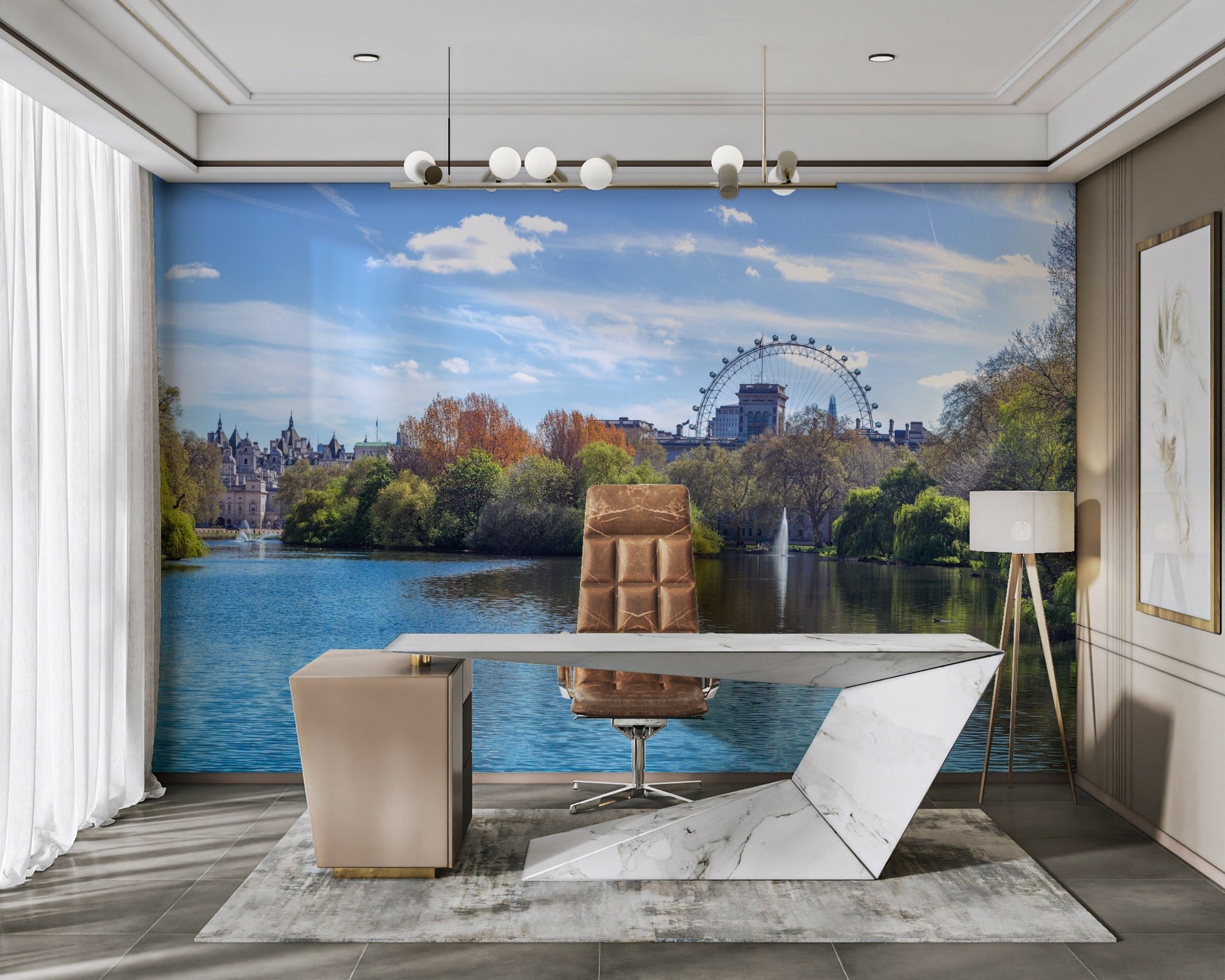 A wall mural featuring a peaceful, natural park scene.

