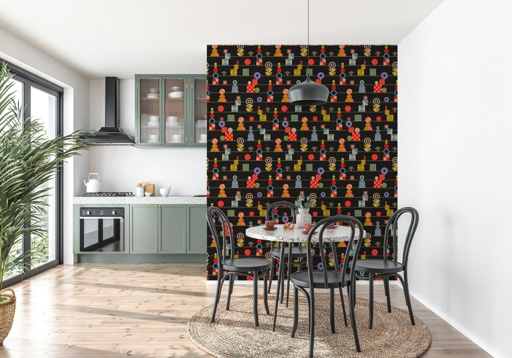 A lively wallpaper with stacked geometric forms in red, blue, yellow, and green on a dark background.