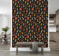 Retro-style wallpaper featuring multicolored blocks, circles, and patterns organized in horizontal rows.