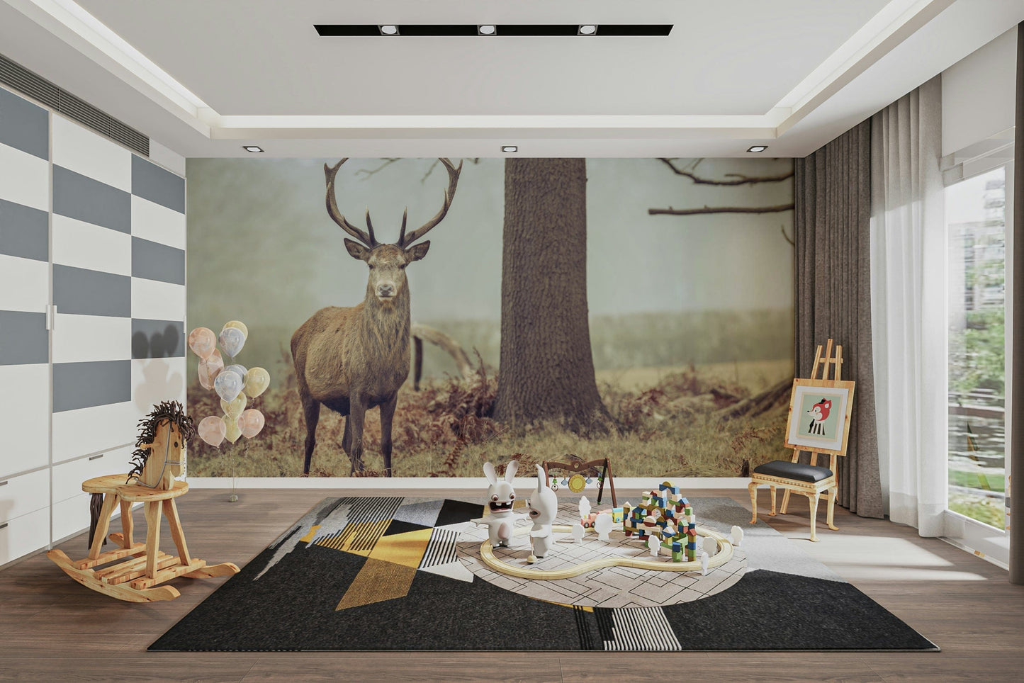 A close-up of the delicate stag and trees.

