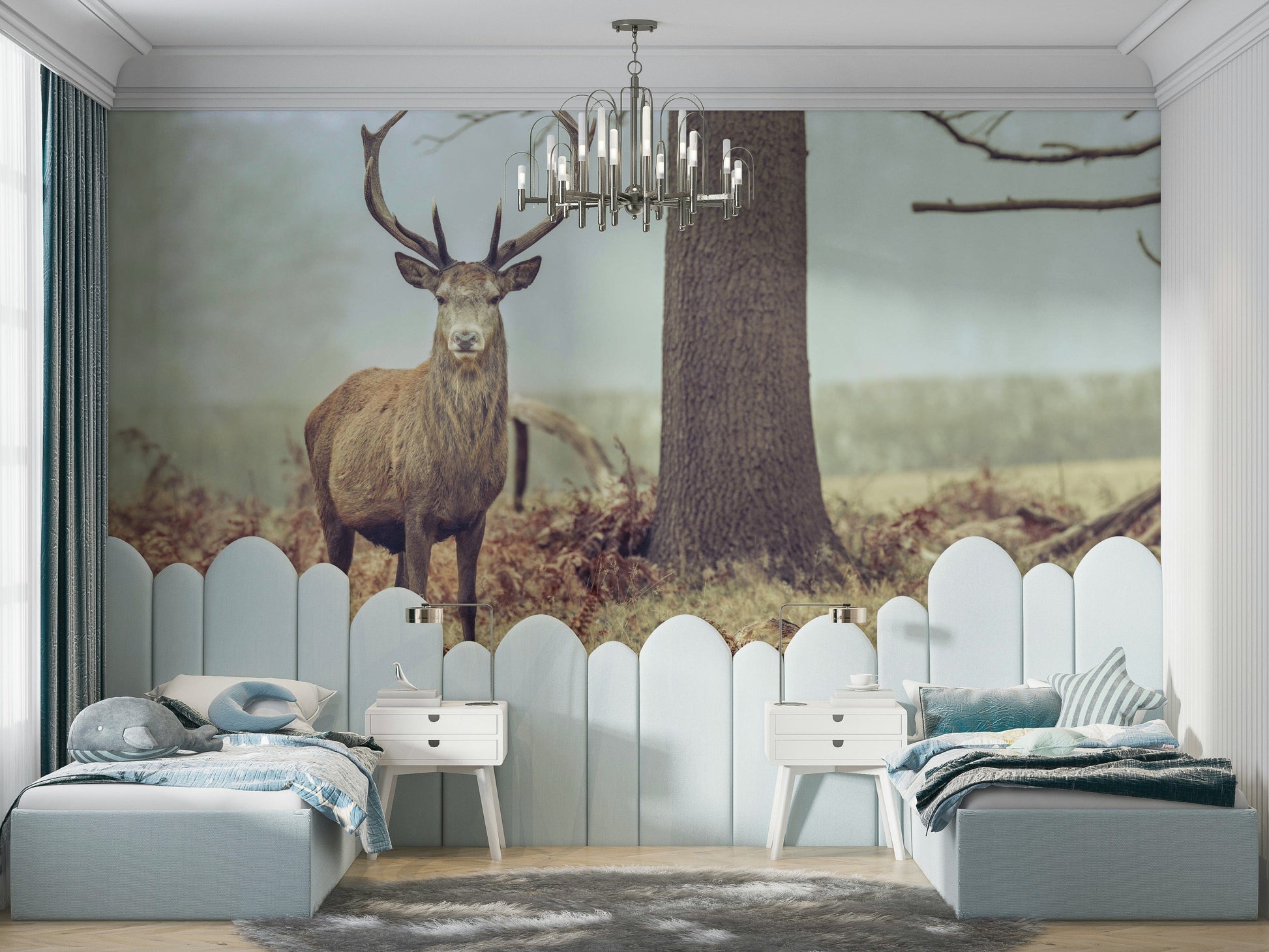 The mural shows a peaceful forest scene.

