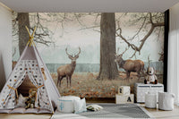 Calm forest path mural with wildlife

