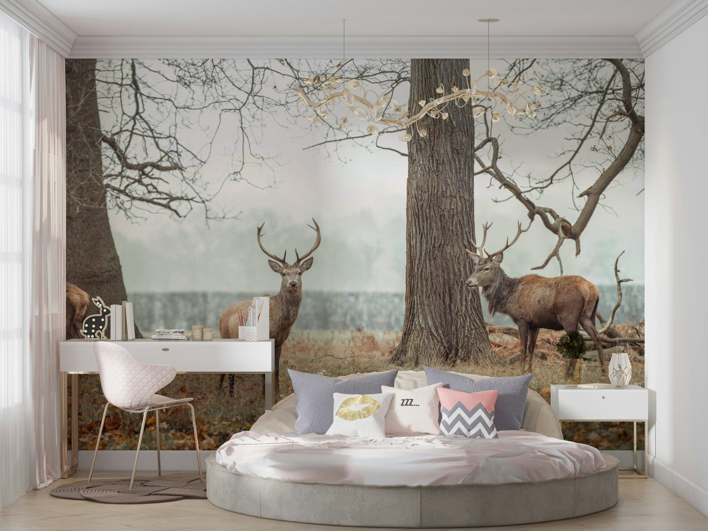 Autumn forest mural with group of deer

