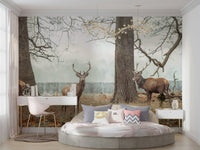 Autumn forest mural with group of deer

