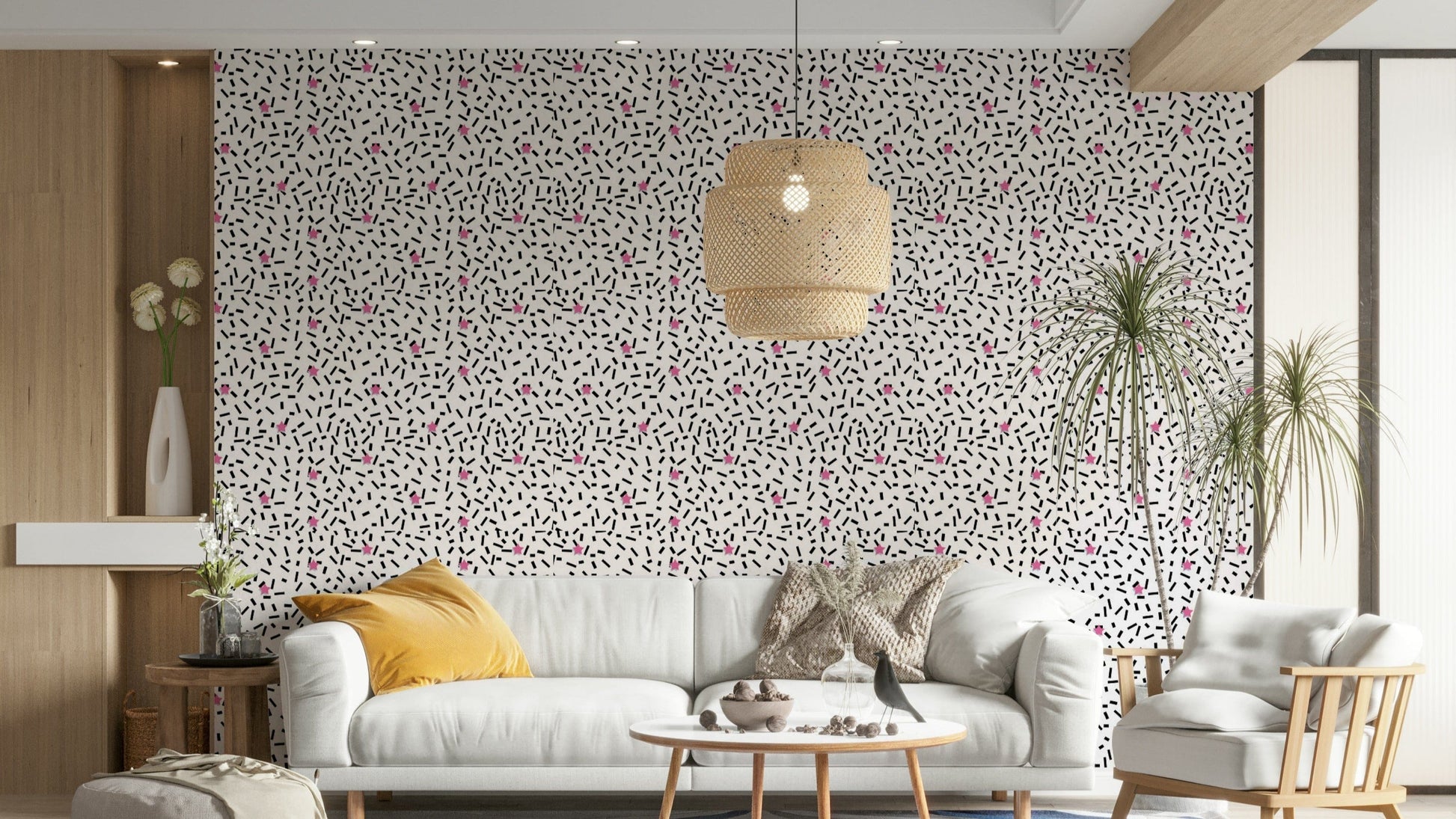 A cheerful wallpaper with a whimsical, celestial design.

