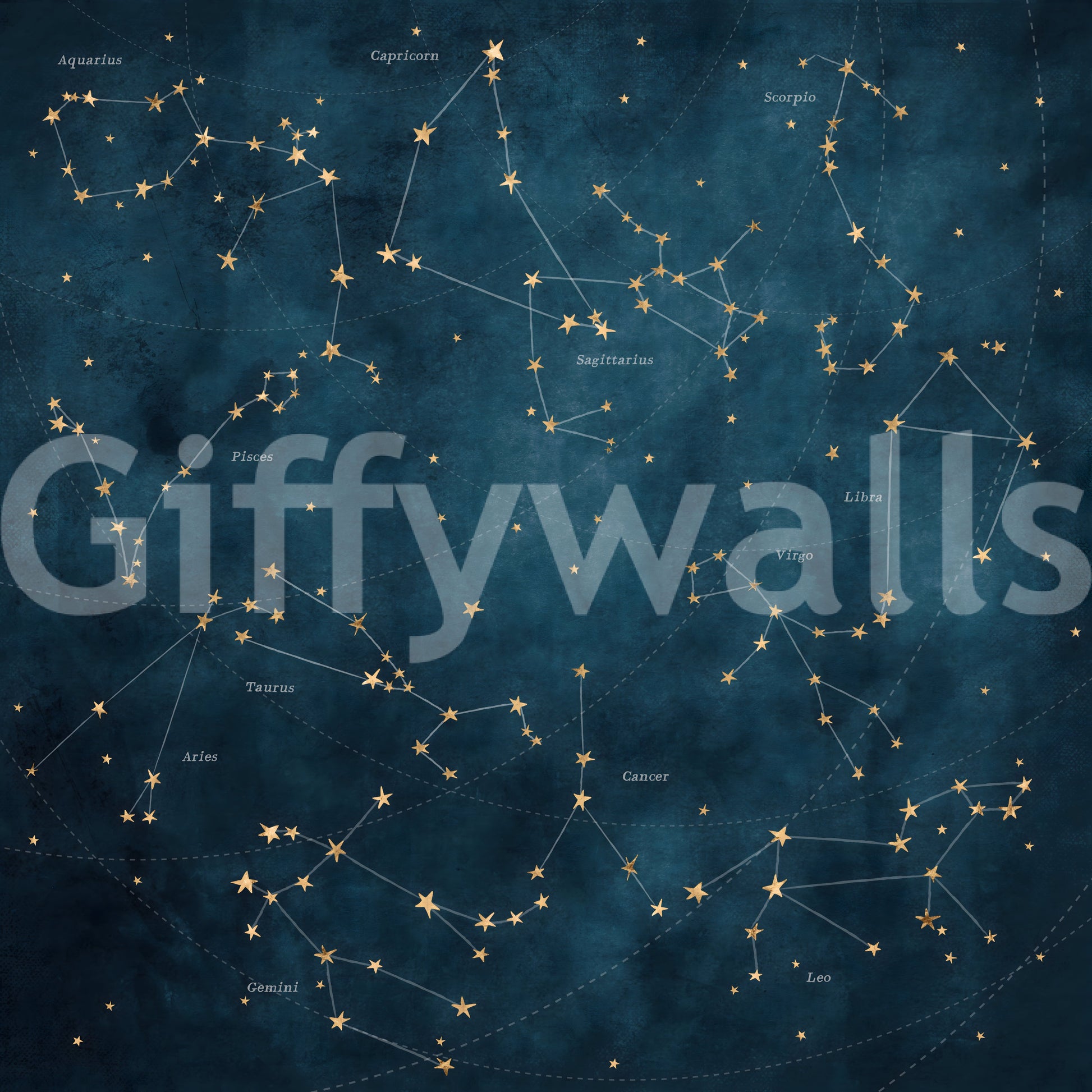 Intricate star map mural featuring zodiac signs in cosmic detail.

