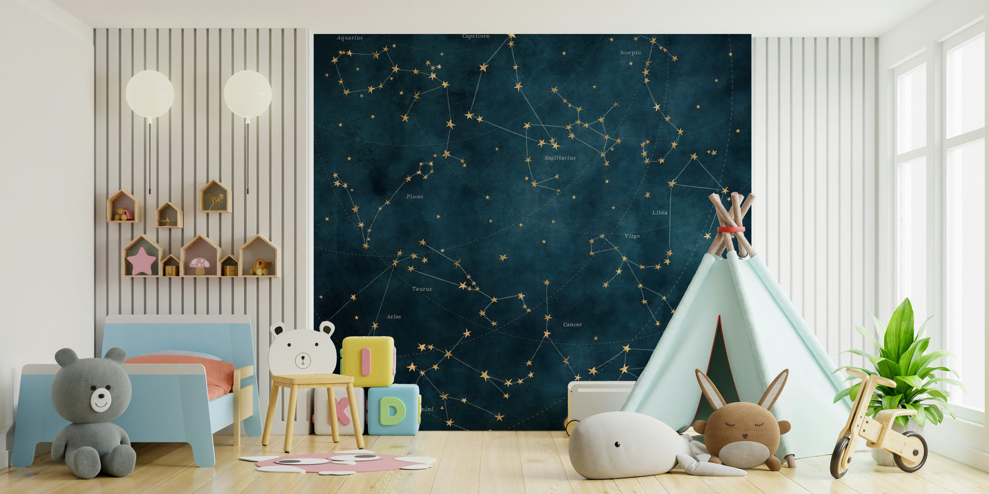 Zodiac constellation map mural with stars and constellations.

