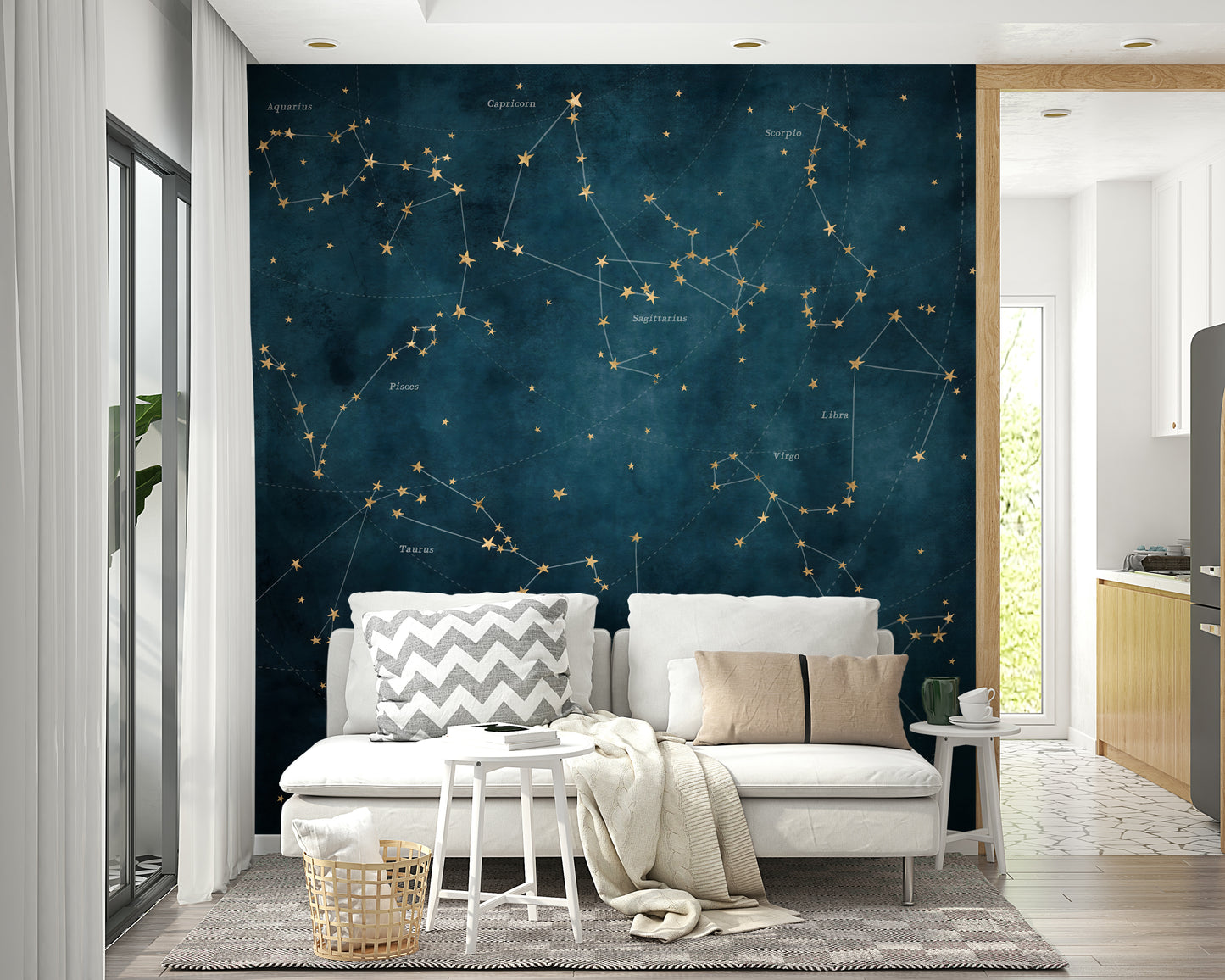 Star Map of Zodiac Mural for a cosmic, tranquil room atmosphere.


