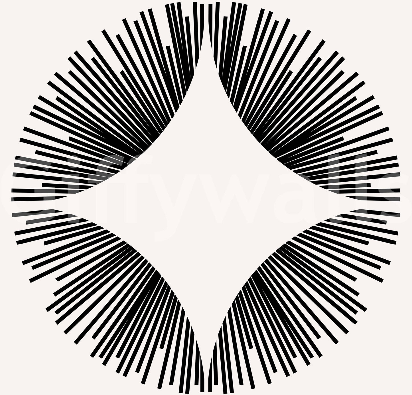 Starburst Deco wallpaper close-up showing a single black sunburst of fine radiating lines around a cream diamond