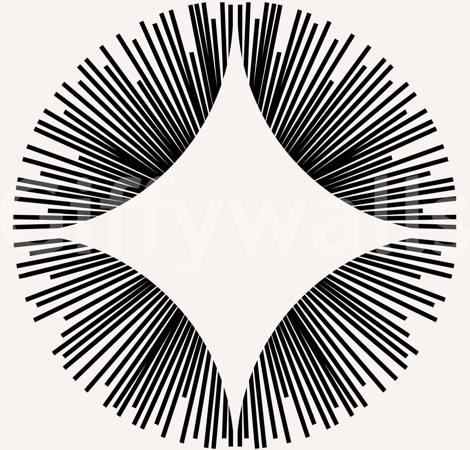 Starburst Deco wallpaper close-up showing a single black sunburst of fine radiating lines around a cream diamond