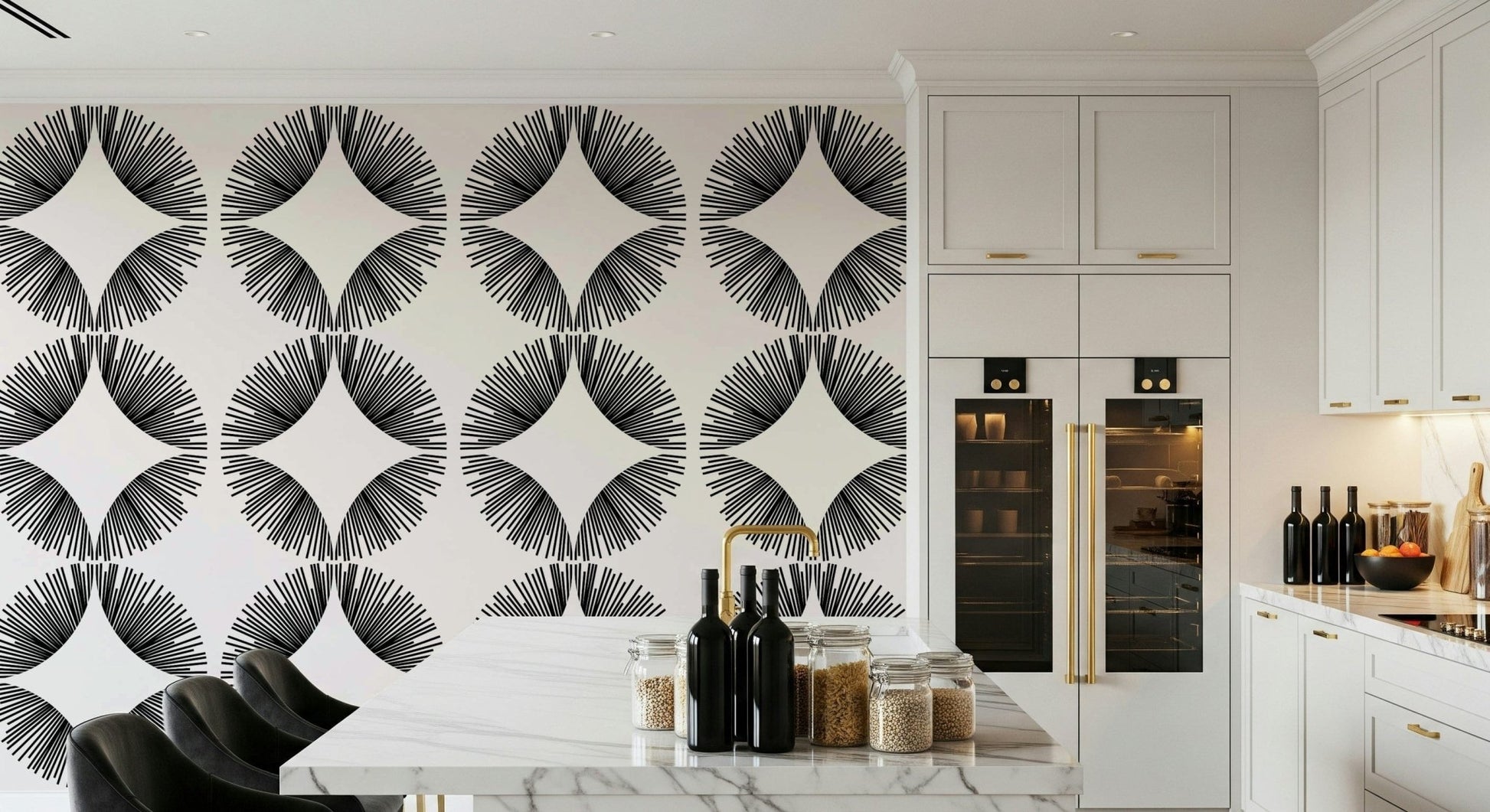 Starburst Deco wallpaper of black sunburst fans on cream beside a white marble island with black bar stools