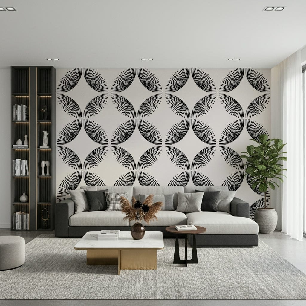 Starburst Deco wallpaper of black sunburst fans on cream behind a grey sectional and marble gold coffee table