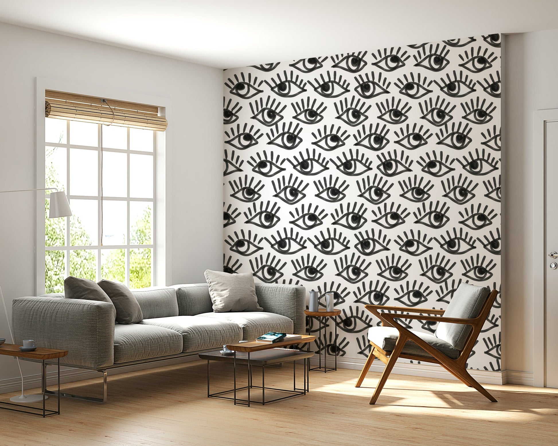 Monochrome Staring Eyes Wall Mural — dramatic grayscale design with multiple staring eyes.