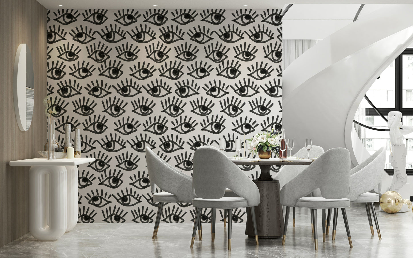 Modern wallpaper with striking black-and-white eye patterns for contemporary spaces.