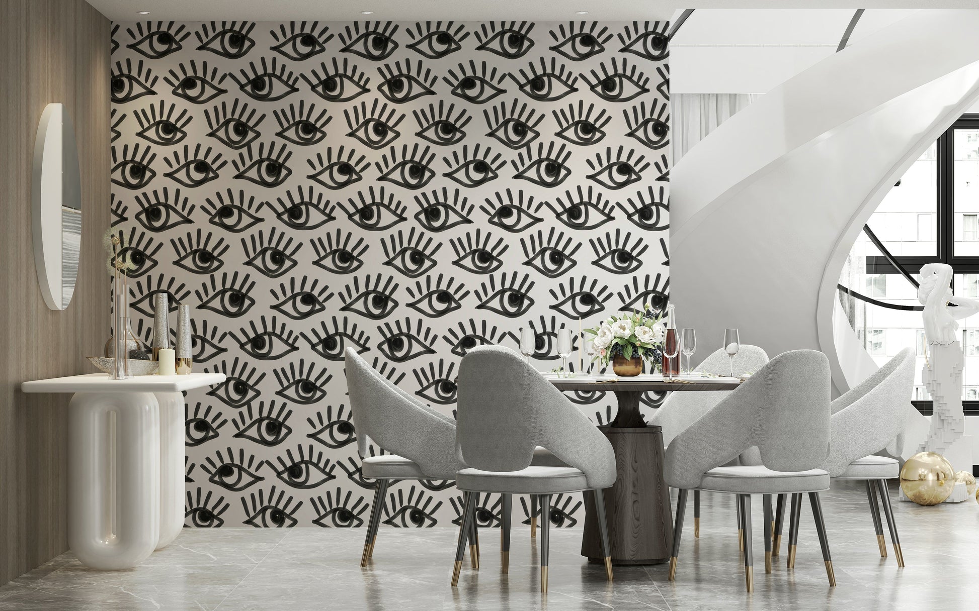 Modern wallpaper with striking black-and-white eye patterns for contemporary spaces.