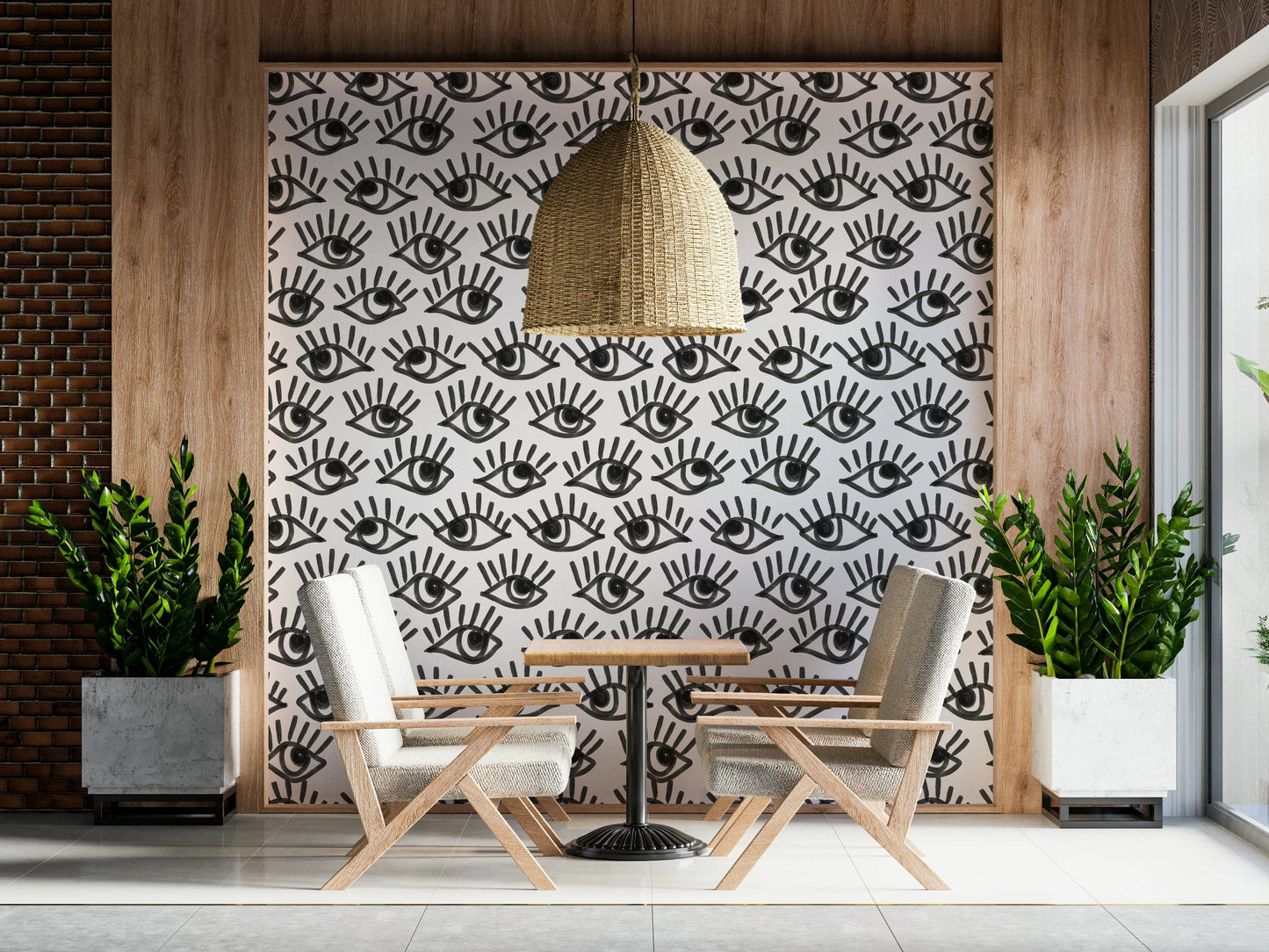Decorative mural featuring layered black-and-white eyes creating a bold visual effect.