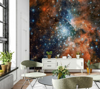 Close-up of glowing celestial bodies on a Starlight Vista Wall Mural for an entryway.