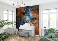Starlight Vista Wall Mural with deep navy and gold stars in a modern apartment bedroom.