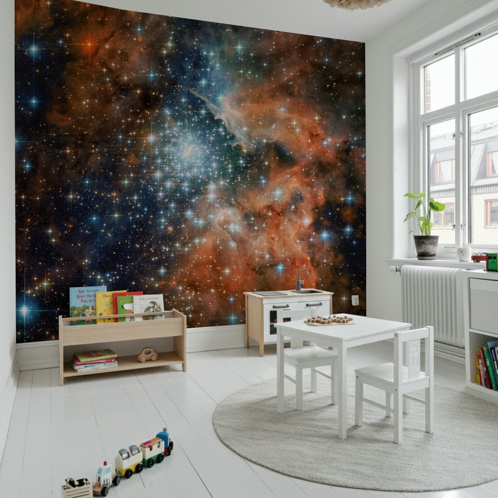Muted purple and blue galaxy wallpaper for a cozy reading nook feature wall.