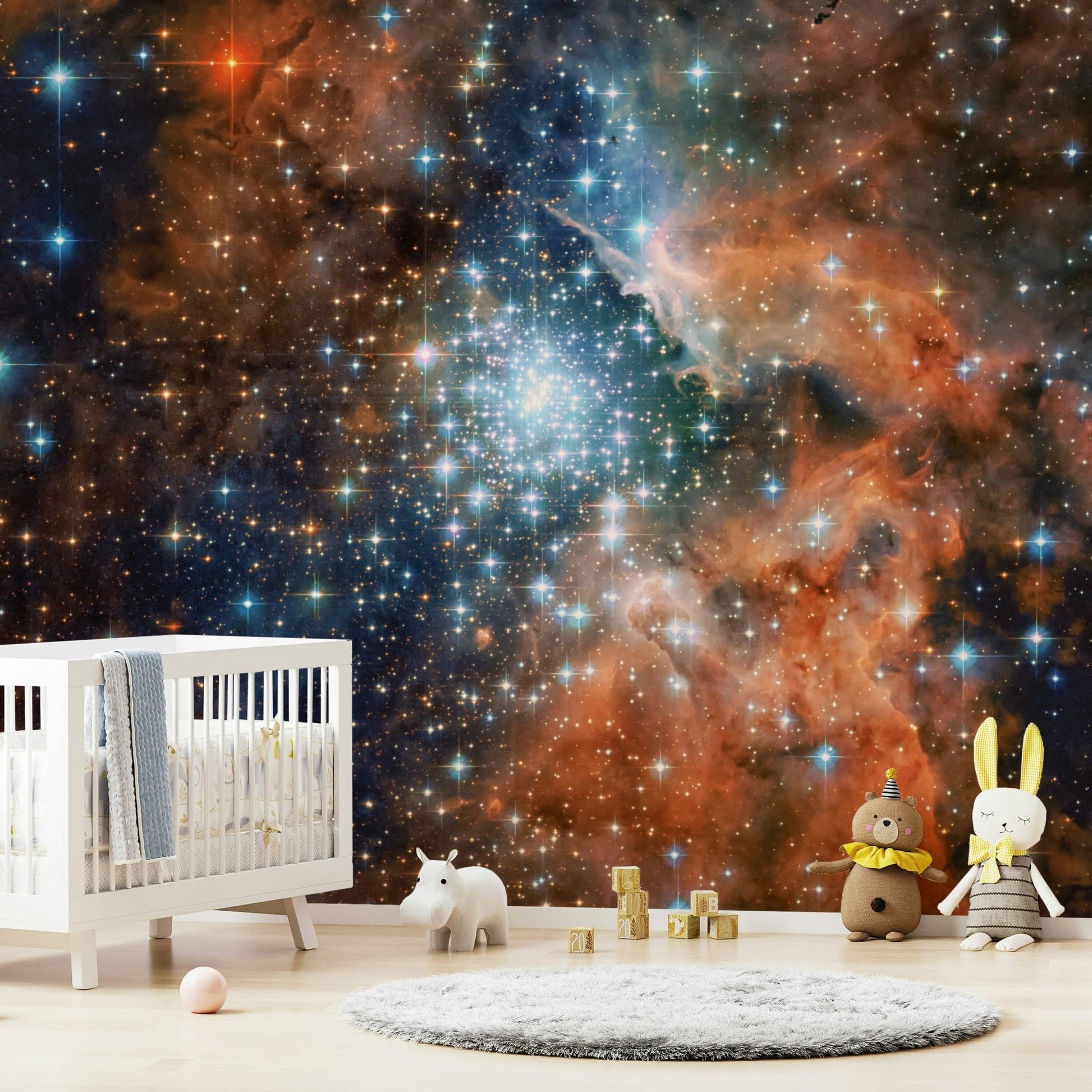 Night sky wall decor featuring a galaxy pattern for a quiet home office setup.