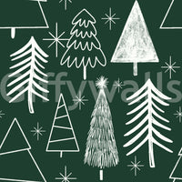 A playful Christmas wallpaper featuring assorted sketched trees and stars on a deep forest green.