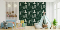 Holiday wallpaper with hand-rendered evergreen silhouettes and delicate star illustrations.