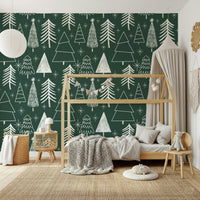 A whimsical wallpaper with sketched evergreen trees arranged across a deep green, star-studded backdrop.