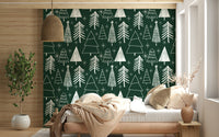 A festive evergreen wallpaper featuring hand-drawn Christmas trees on a dark green background with star accents.