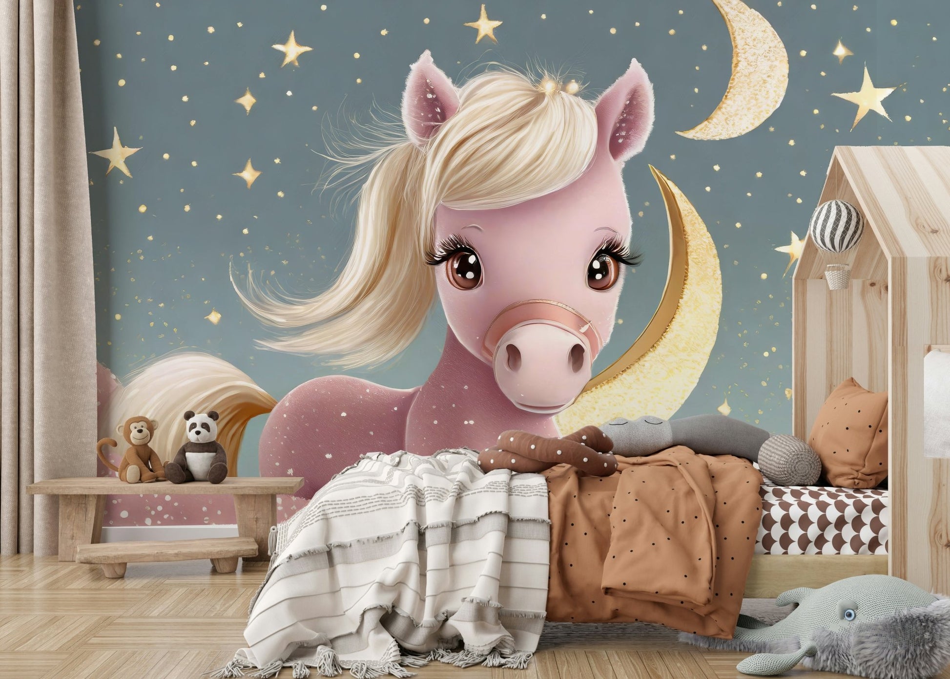 Gentle blue sky mural wallpaper featuring pony and moon

