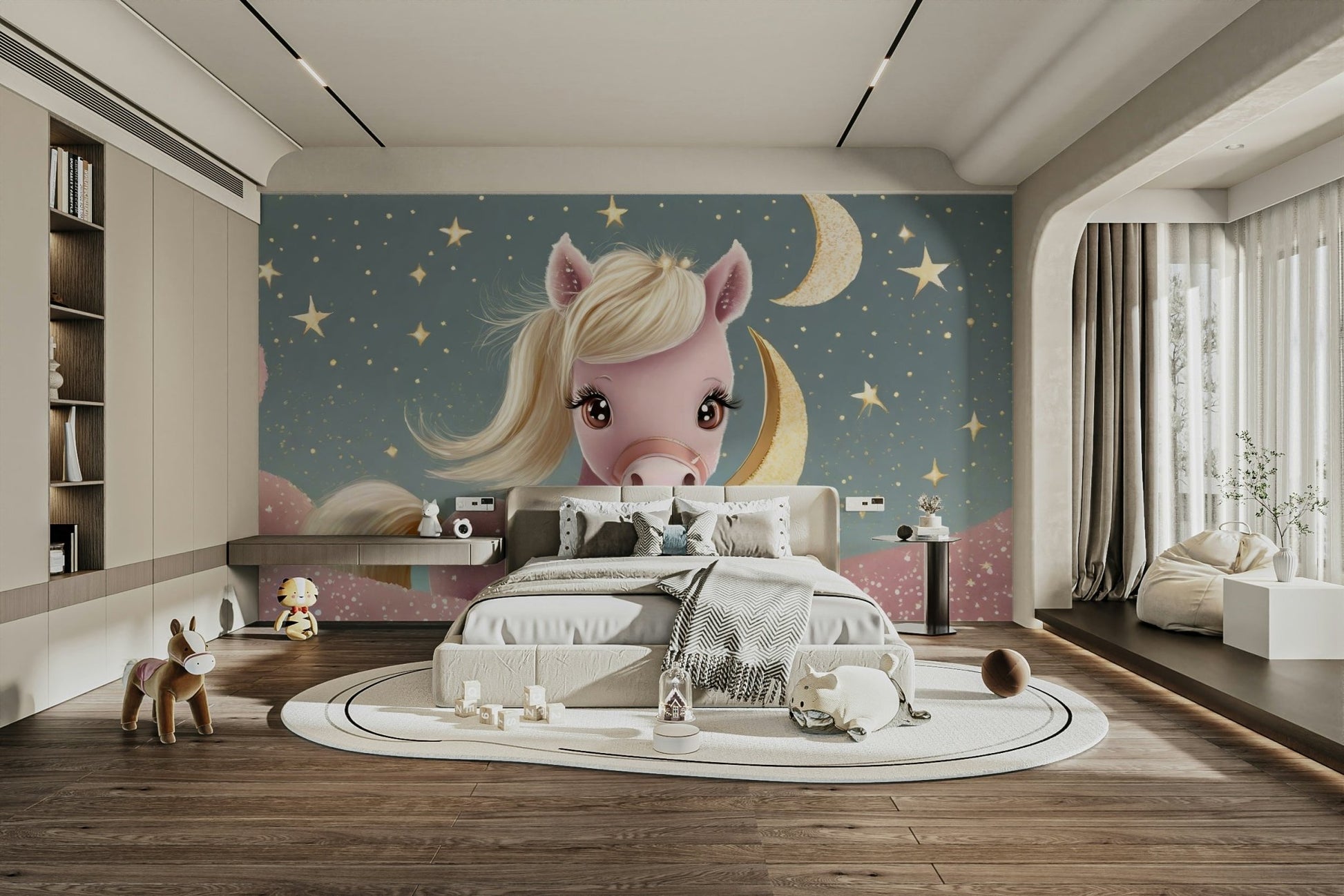 Pink pony resting on pink clouds under moon and stars

