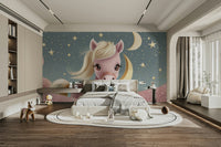 Pink pony resting on pink clouds under moon and stars

