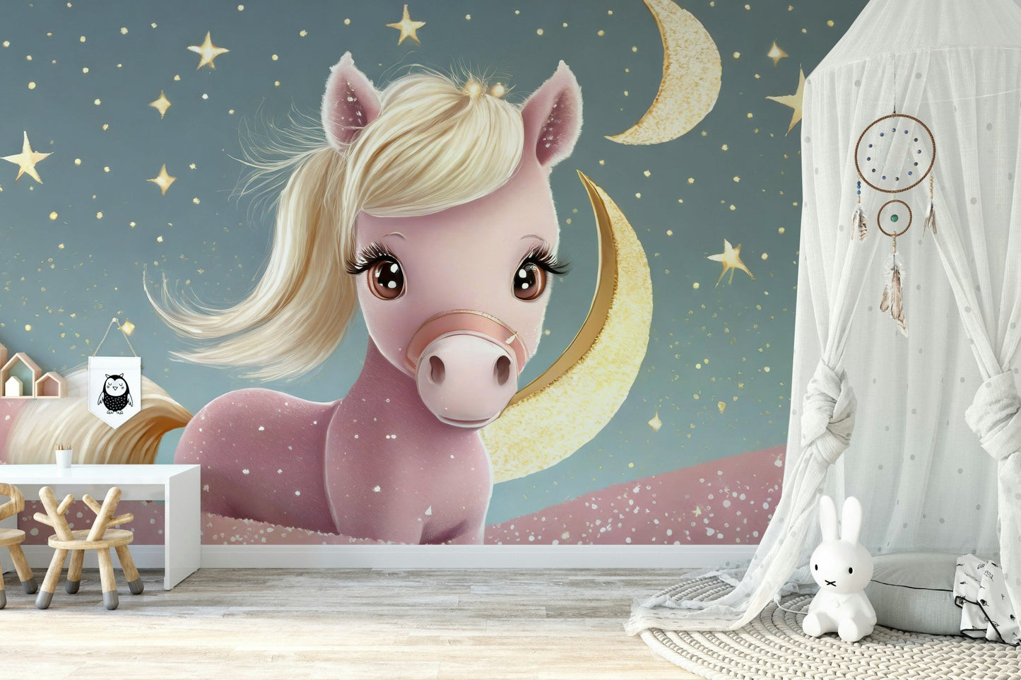 Nursery wall covered in pony and sky mural wallpaper

