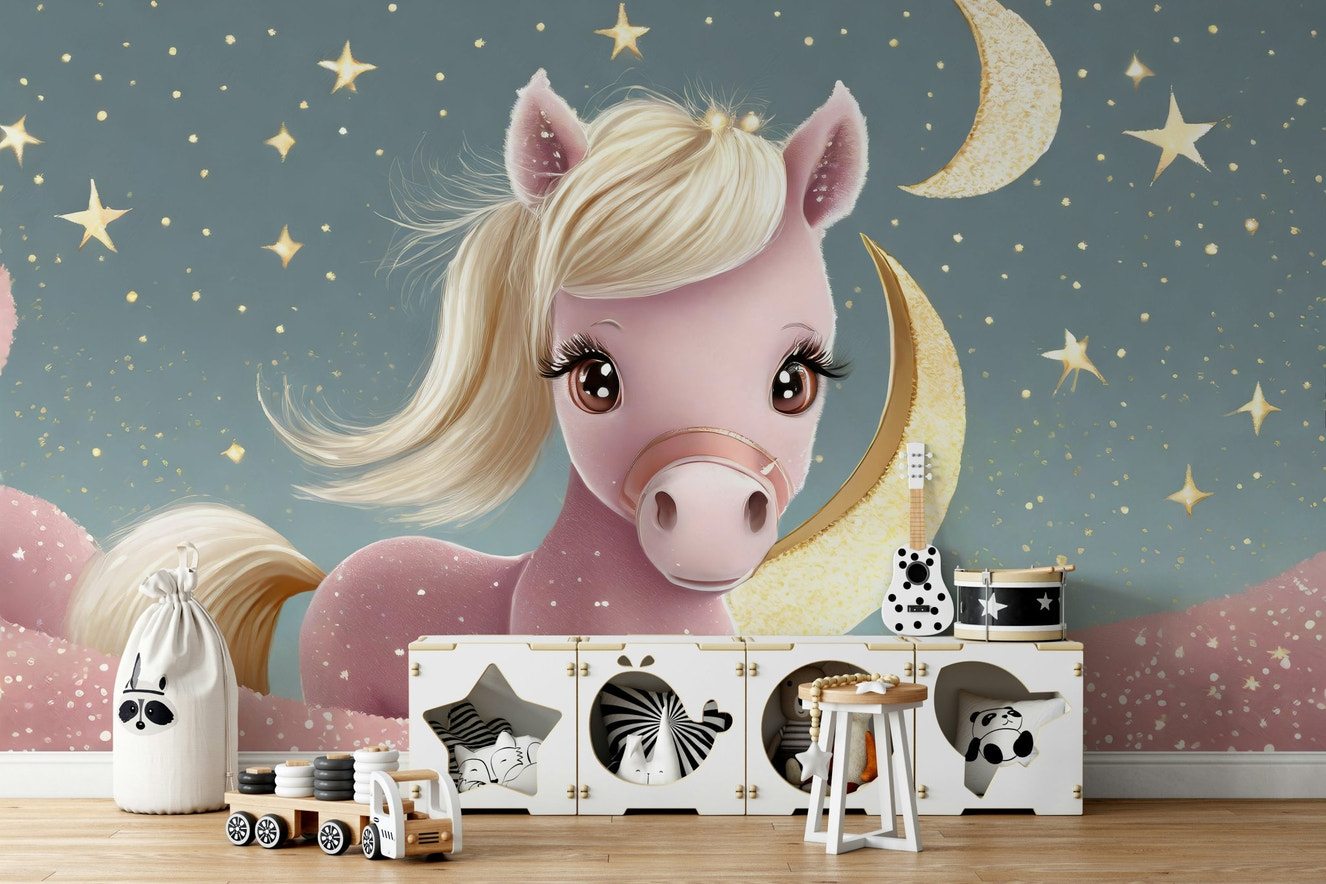 Crescent moon shining over pink pony and stars

