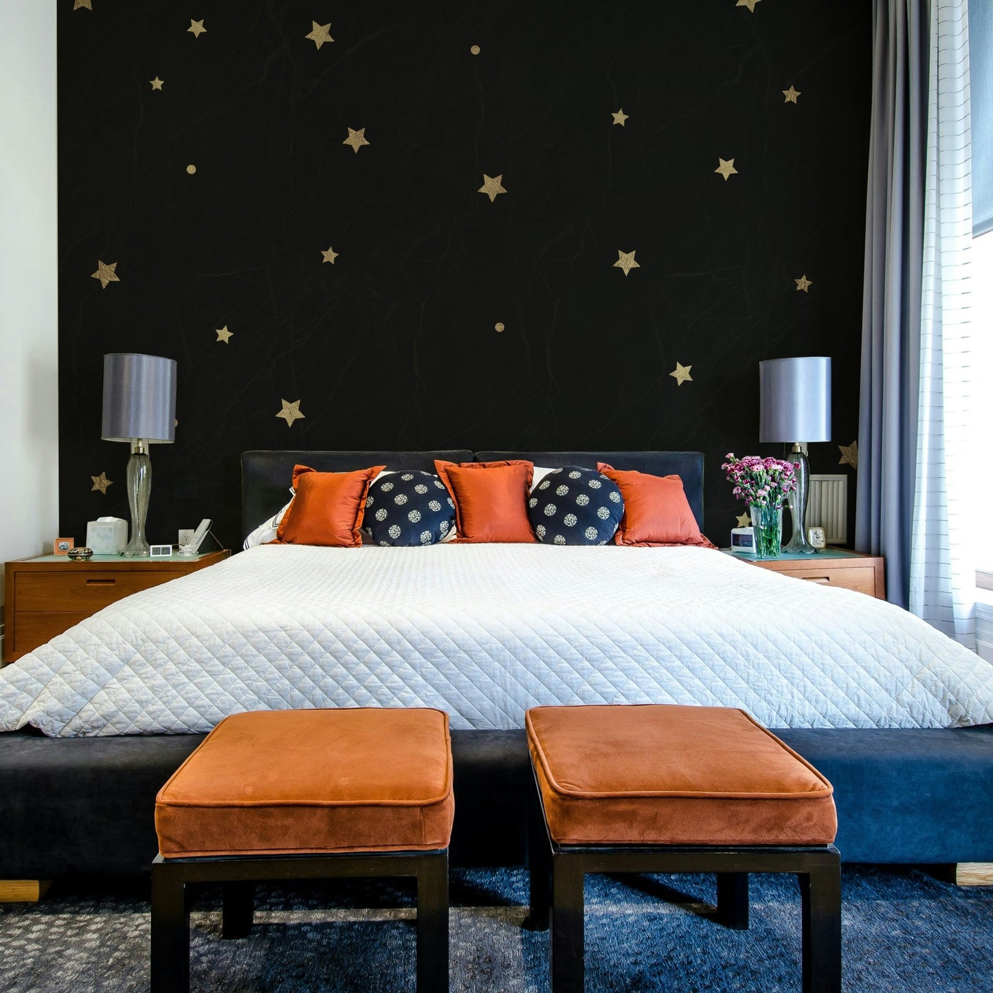 Black night sky mural with sparkling stars for bedroom decor

