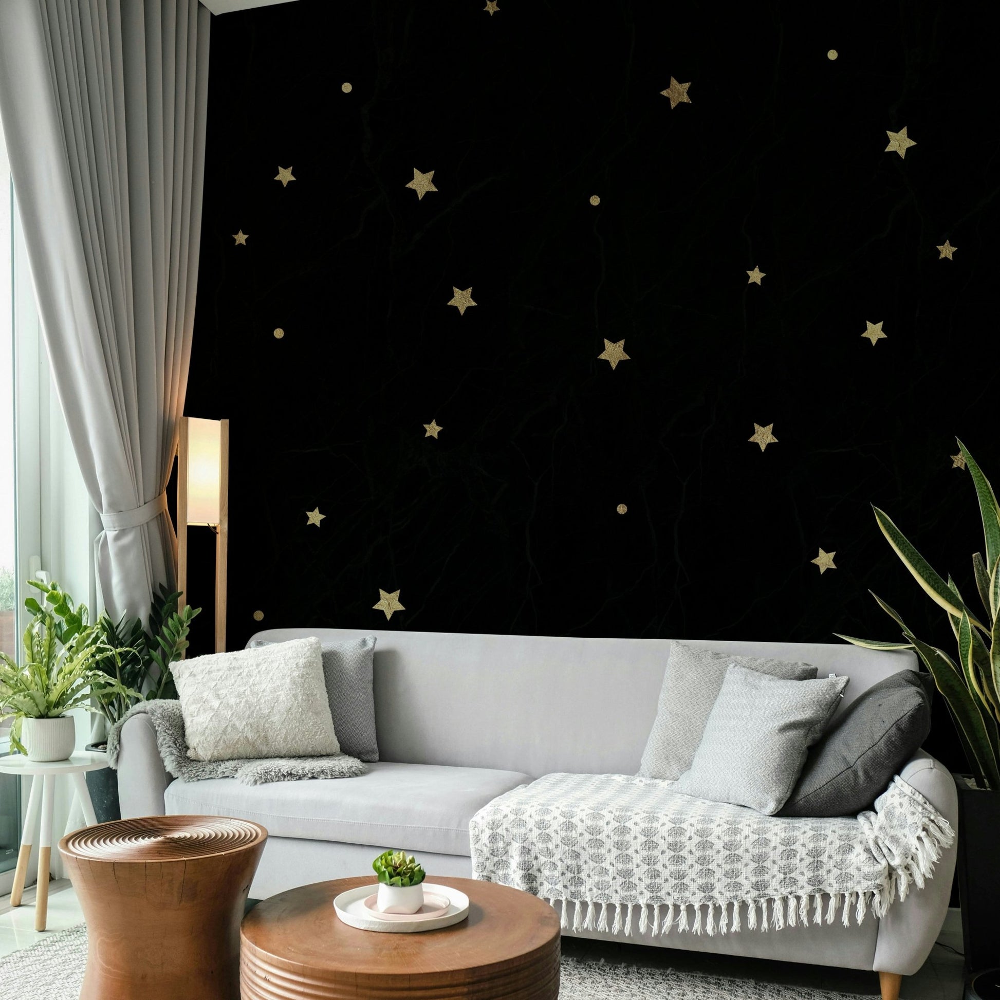 Stars twinkling on a black night sky wall mural

