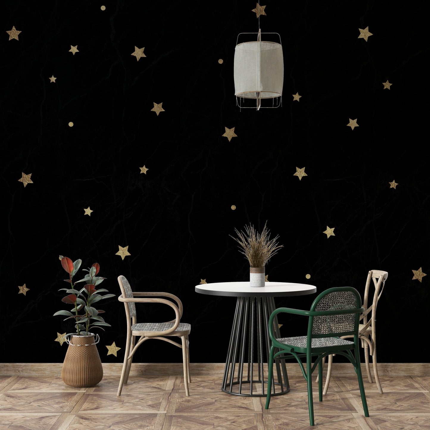 Stunning starry night wall mural creating a dreamy atmosphere

