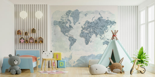 Steel Blue Watercolor World Map wallpaper mural in slate blue in a kids room with a blue toddler bed and teepee