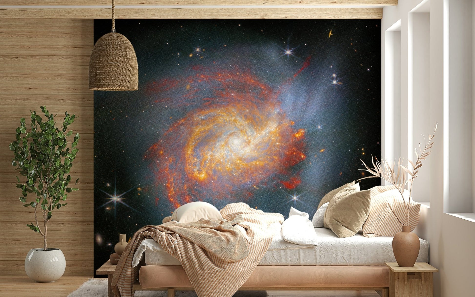 Stellar Canvas wallpaper mural with an orange and blue spiral galaxy above a cream-bedded wood-panel bedroom