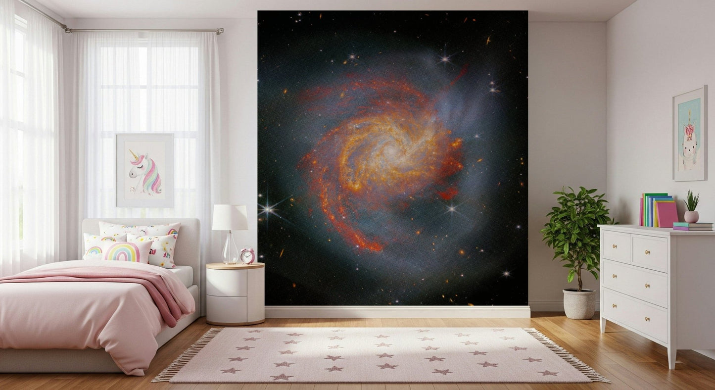 Stellar Canvas wallpaper mural showing a starry galaxy in a pink unicorn-themed kids bedroom with a star rug