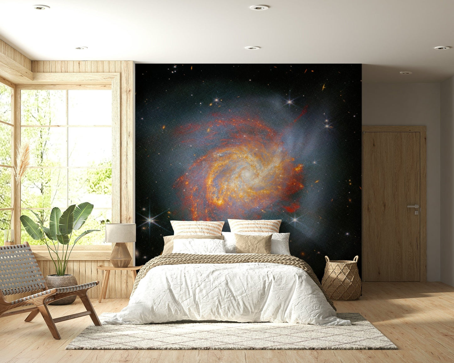 Stellar Canvas wallpaper mural showing a galaxy above a white-bedded wood-panel bedroom with a leather chair
