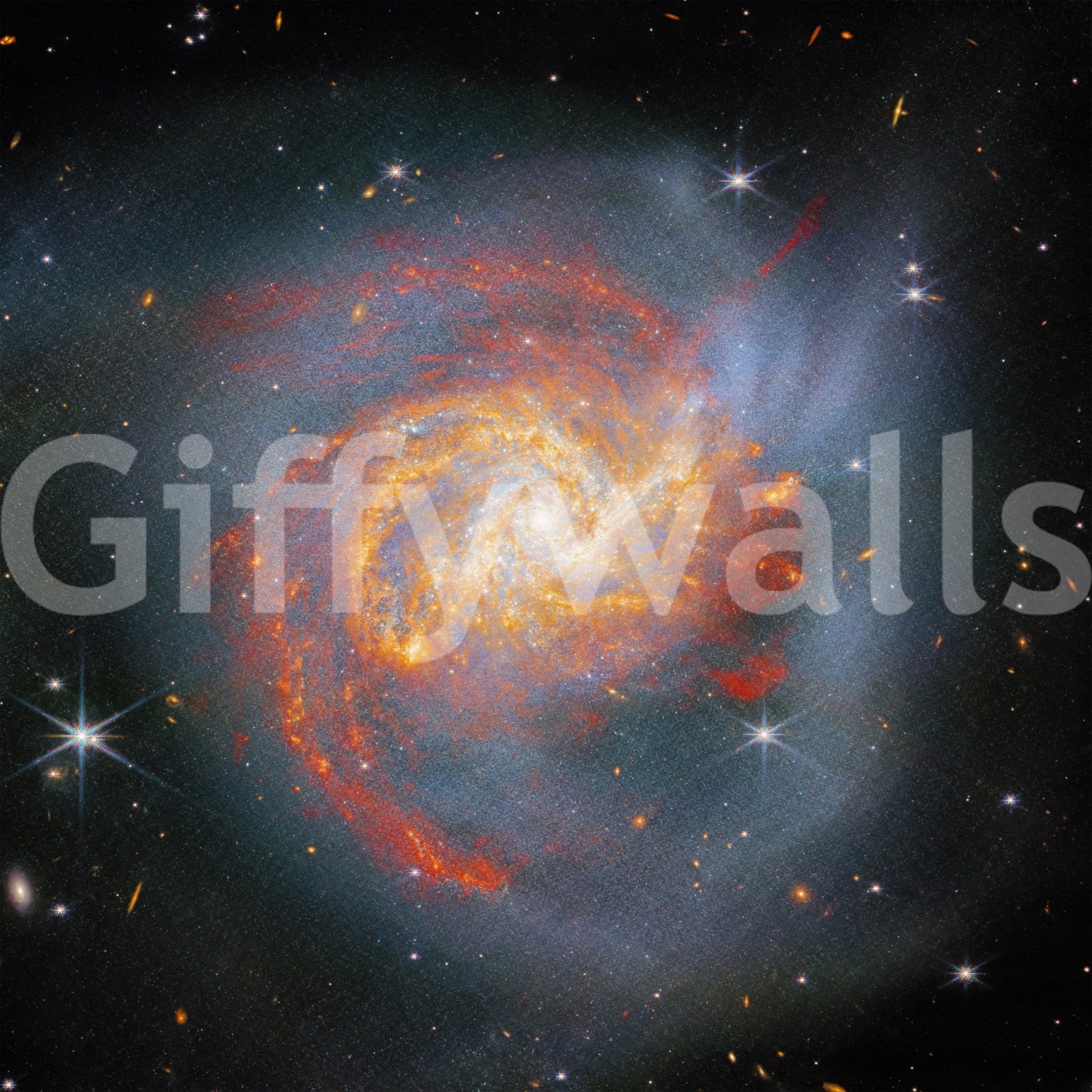 Stellar Canvas wallpaper mural close-up showing the orange and blue spiral galaxy pattern against starry space