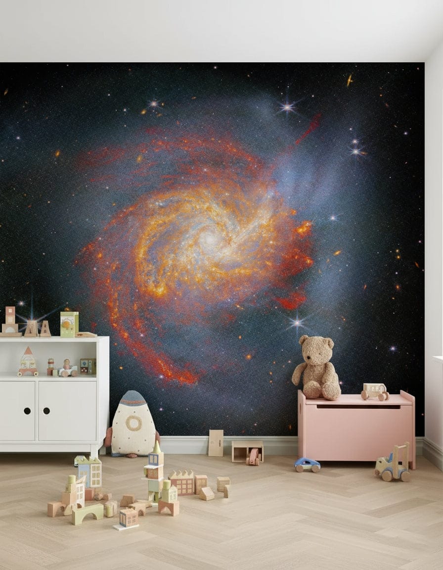 Stellar Canvas wallpaper mural with a fiery spiral galaxy in a nursery with a teddy bear and pink toy chest