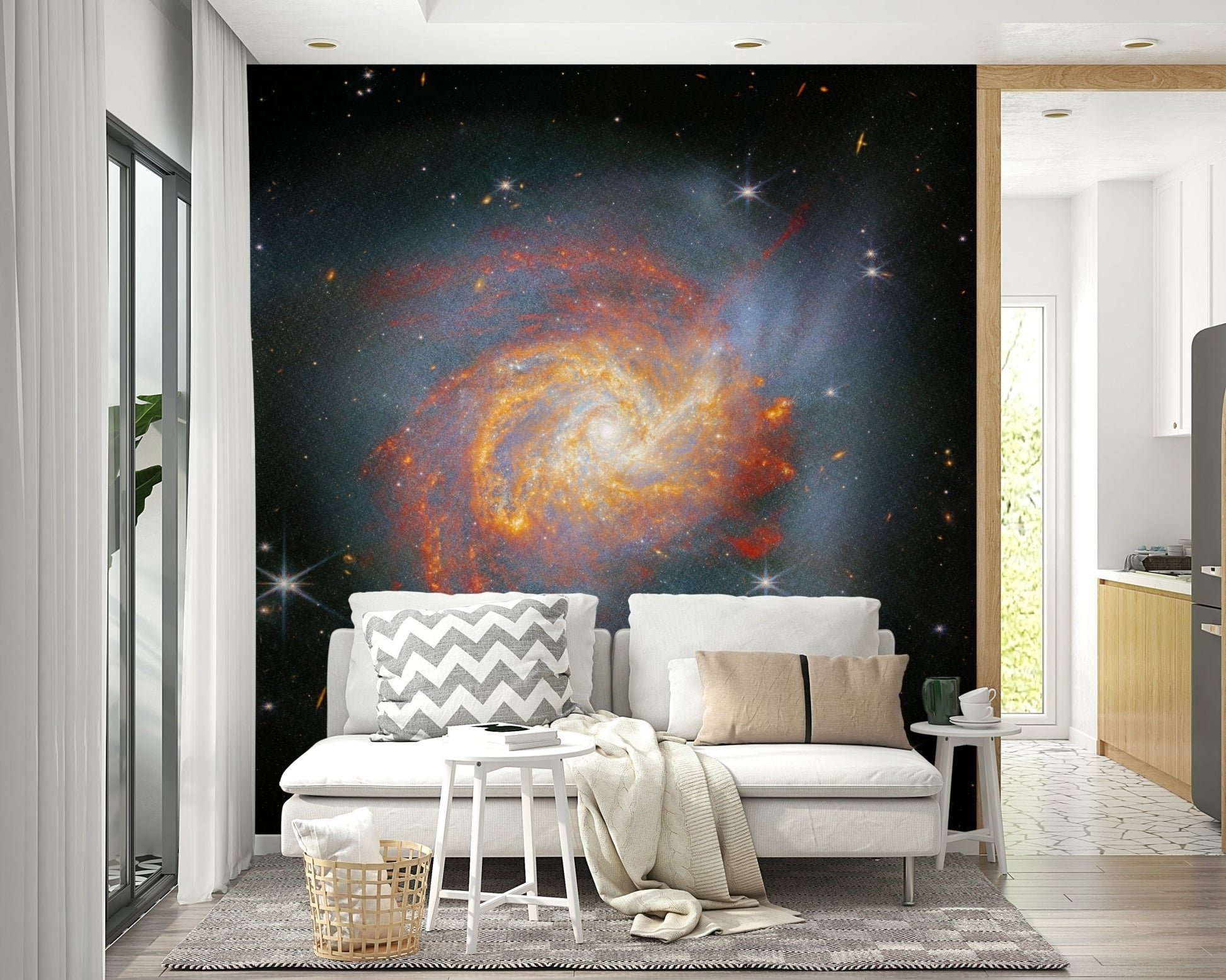 Stellar Canvas wallpaper mural of a deep-space galaxy behind a white loveseat sofa near an open kitchen