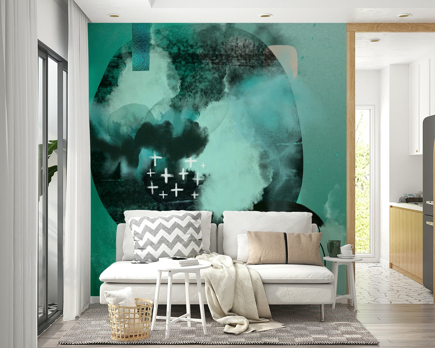 Minimalist wall mural featuring calming neutral tones.

