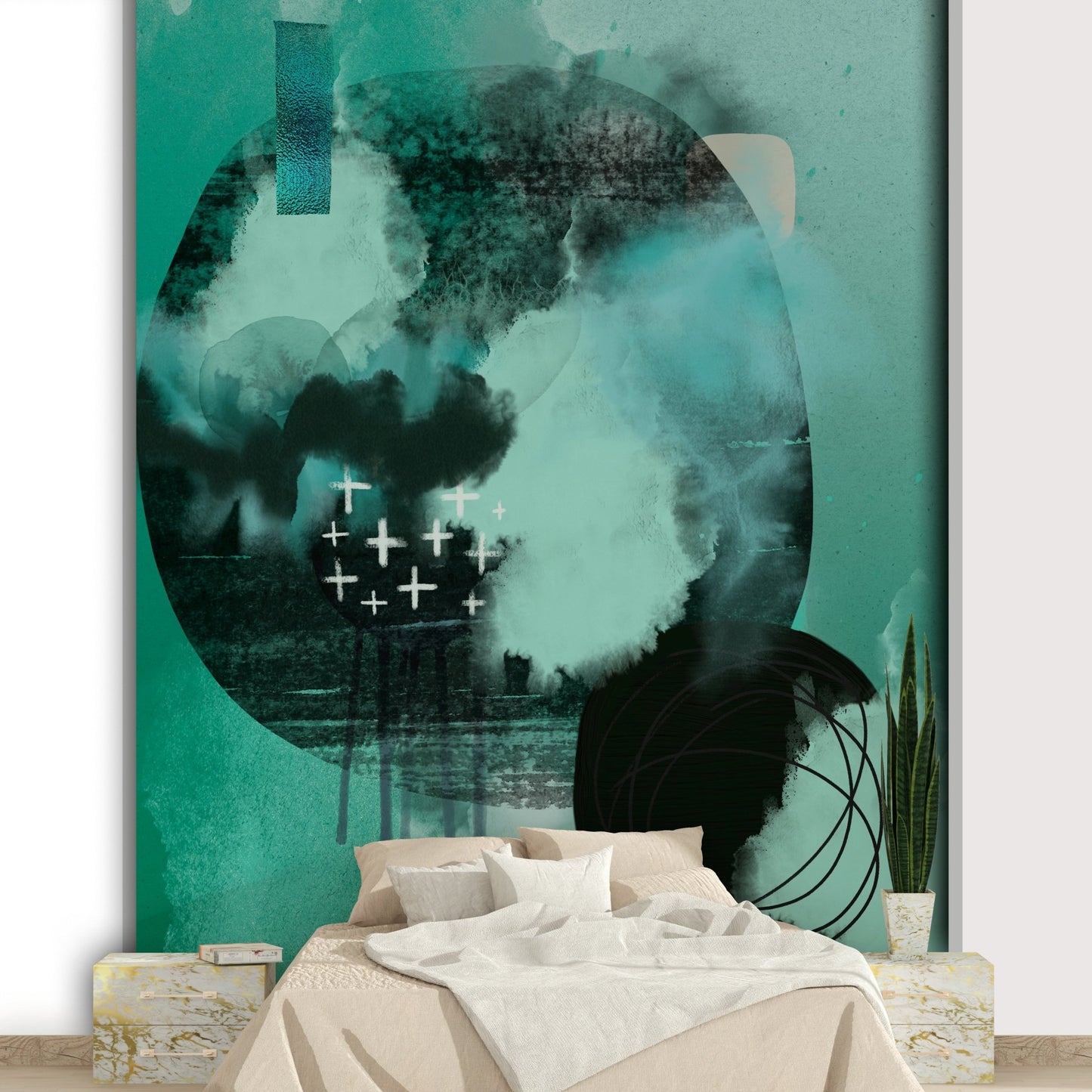 Warm earth-toned wall mural with a simple, serene design.

