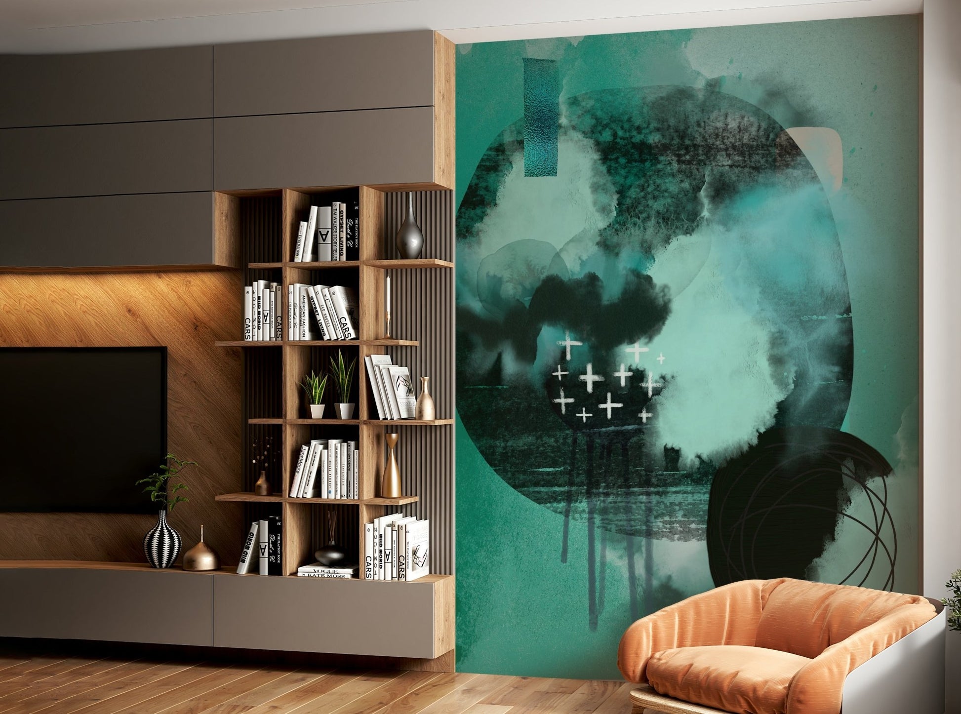 Subtle gradient mural in muted shades for peaceful interiors.

