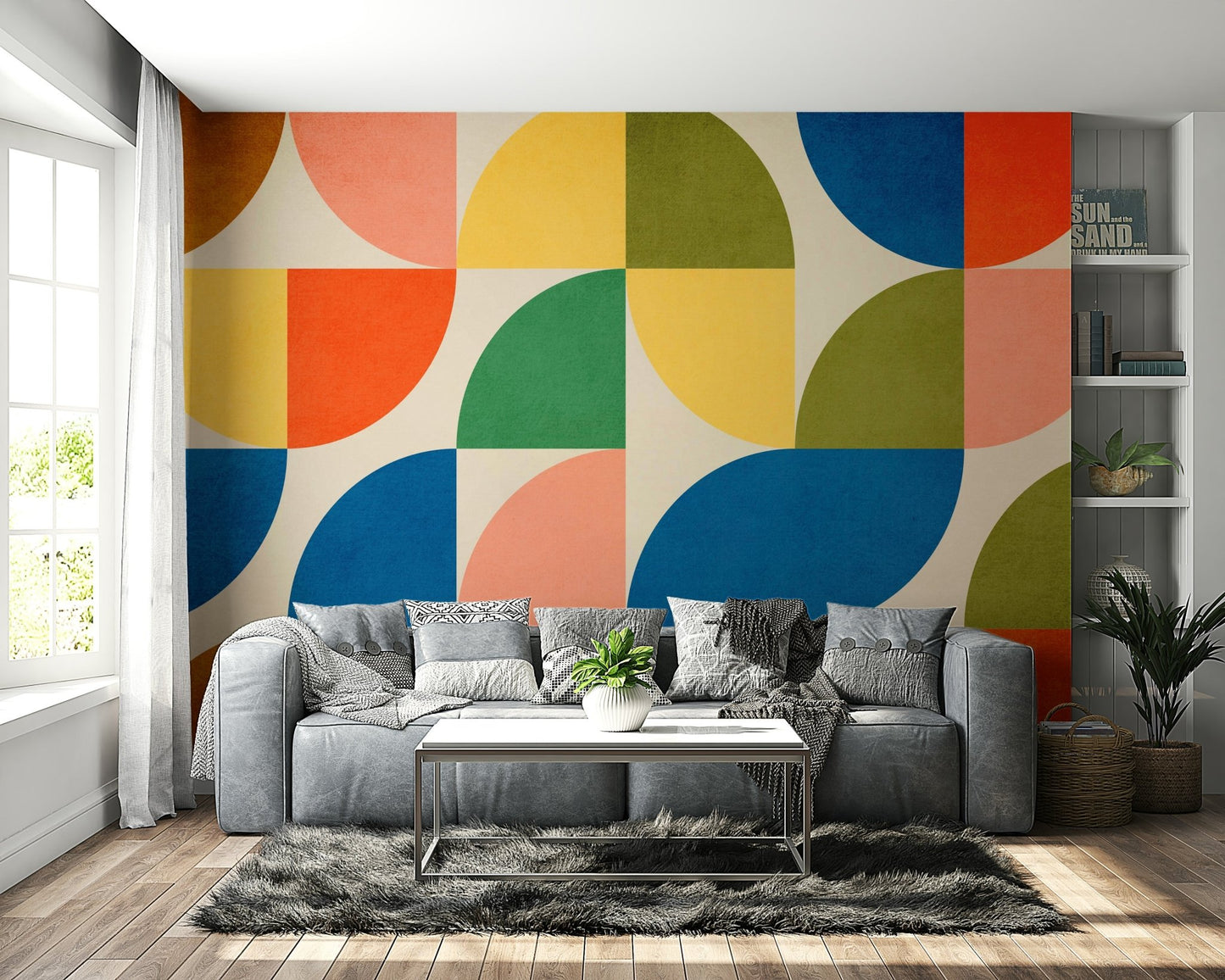 Serene waterways and bridges in a wall mural.

