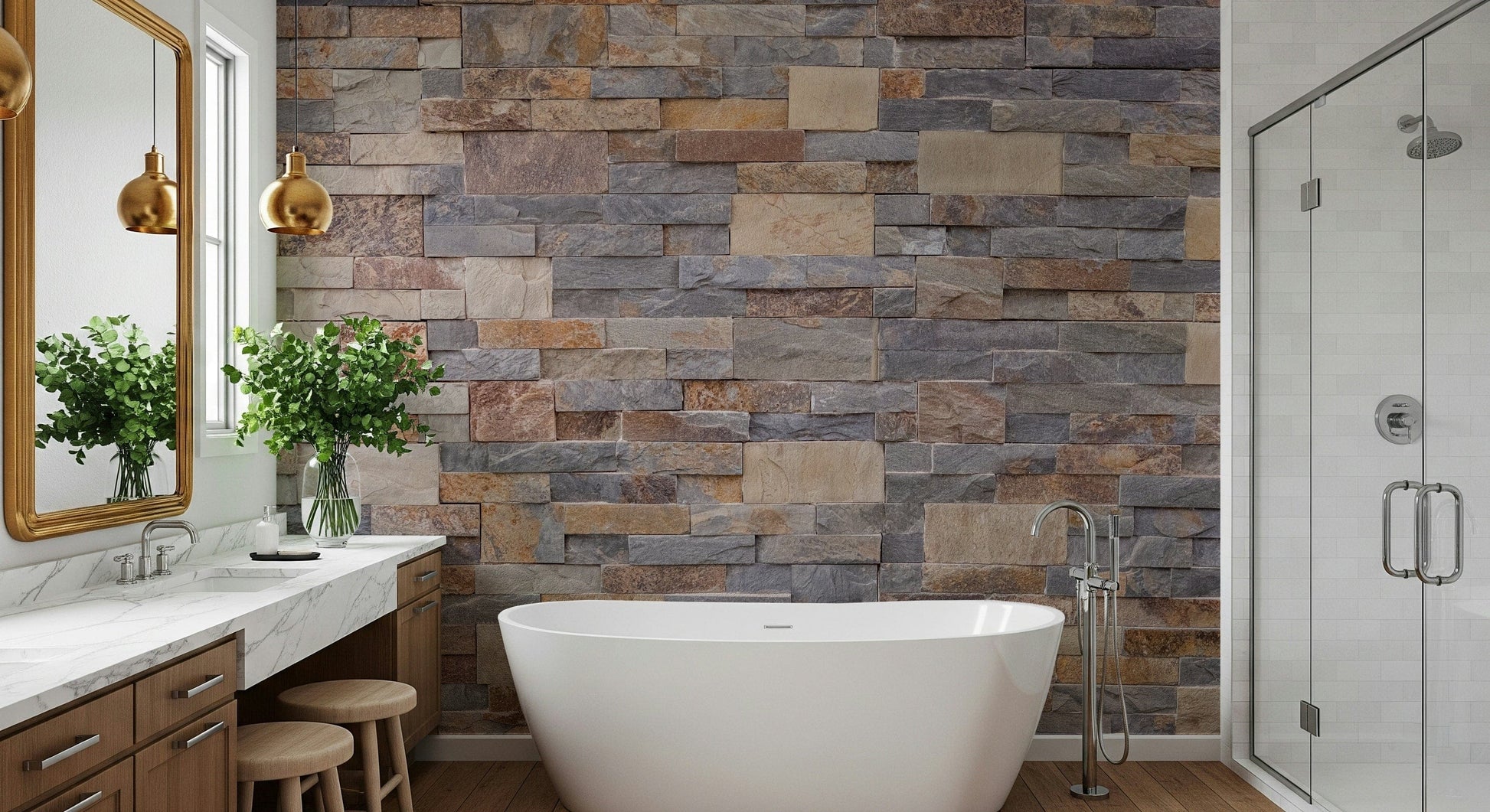 Realistic wall mural featuring natural stone cladding textures