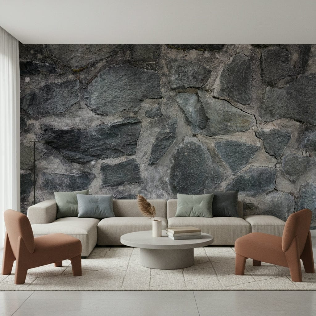 Stone Facade wallpaper mural behind a cream sectional with two rust chairs and a round white coffee table